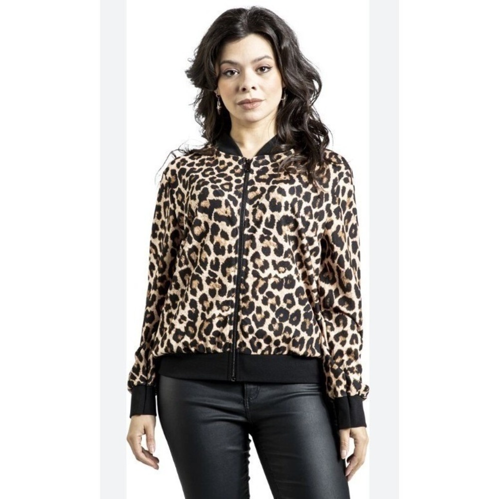 Leopard Print Bomber Jacket Tan Black Zip Up Lightweight Stretch Coat | XL